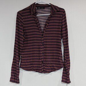 Pull & Bear Patterned Button Down Shirt Orange Purple Black Size Medium